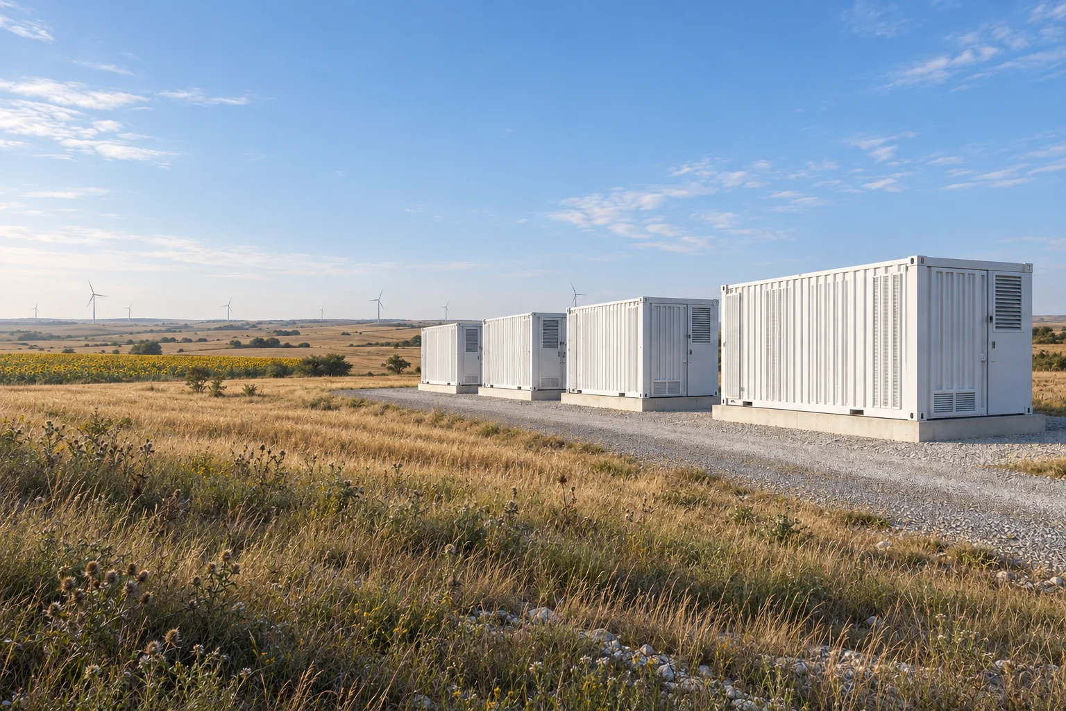 Concept view of battery storage containers on the open Dobrogea plateau in Romania, with dry farmland and distant wind turbines.