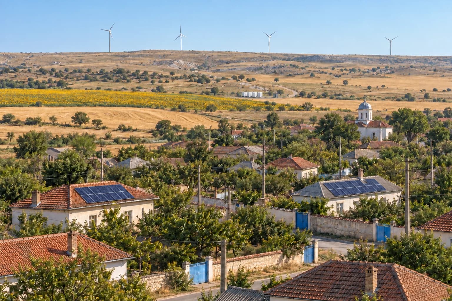 The same conceptual Dobrogea view with rooftop solar panels, a battery storage site beside the farm road and distant wind turbines.